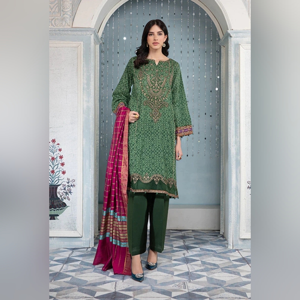 Maria B Women's Pakistani 3-Piece Kameez, Salwar & Dupatta, Green, Large